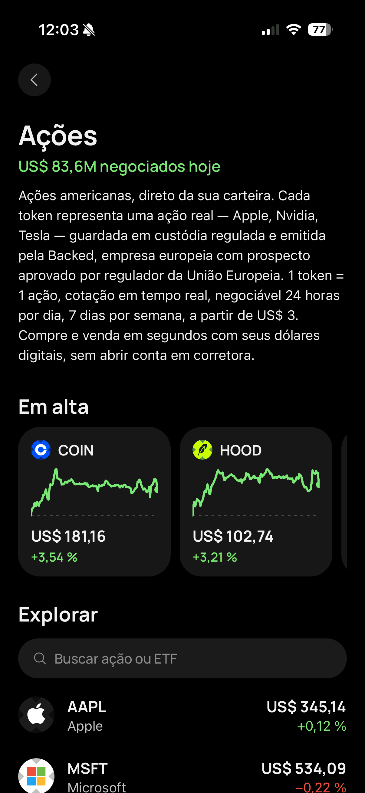App KlipbitNeo mostrando a página de Ações