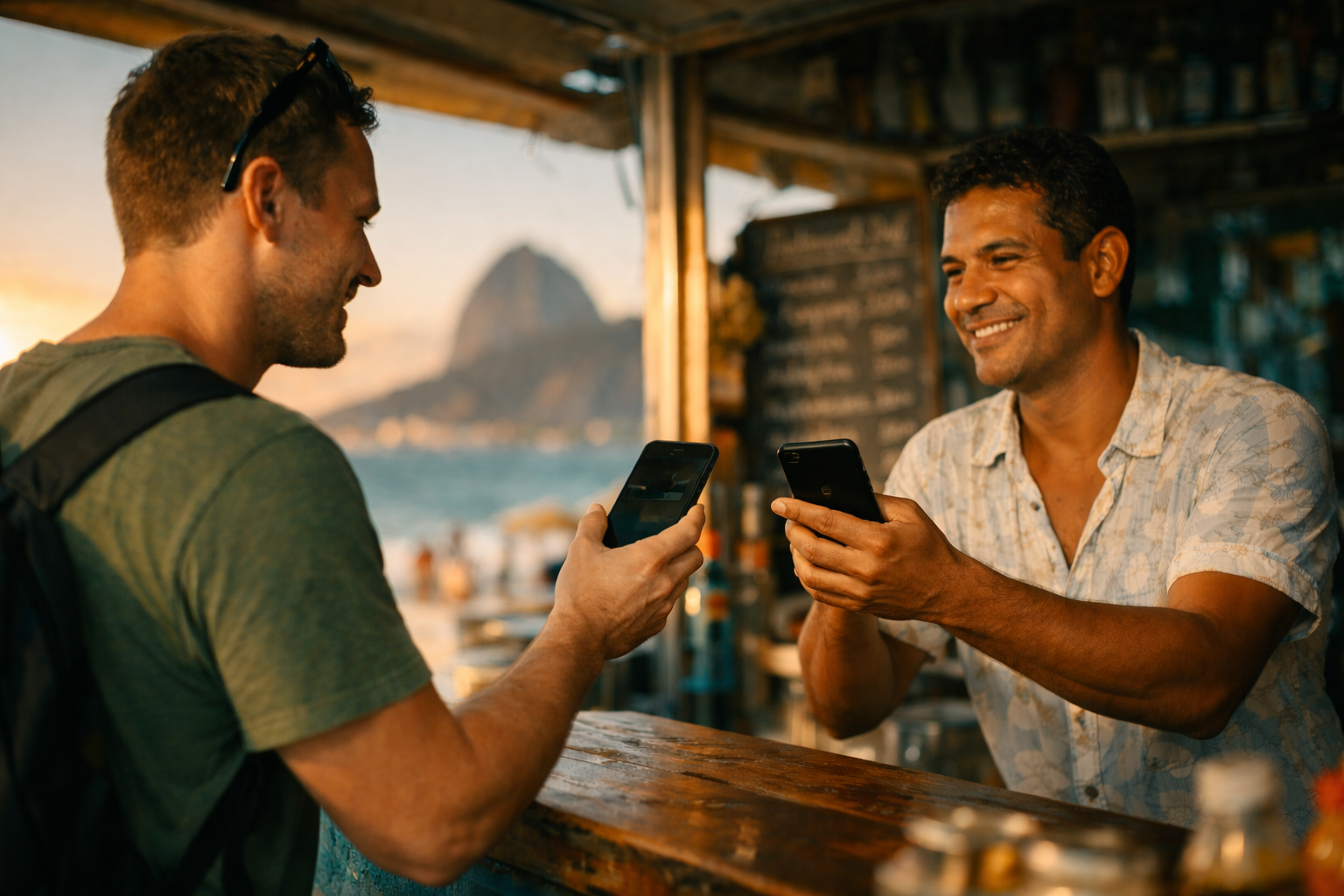Turista pagando em quiosque na praia com celular